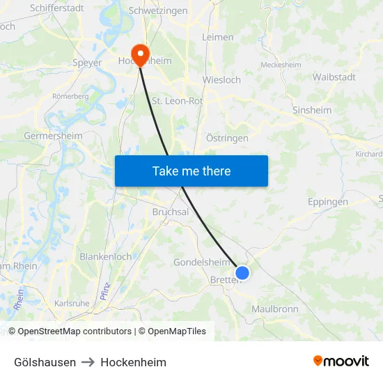 Gölshausen to Hockenheim map