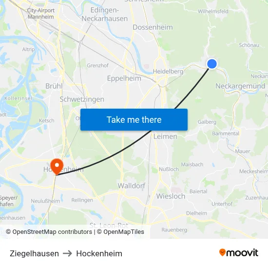 Ziegelhausen to Hockenheim map