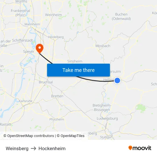 Weinsberg to Hockenheim map