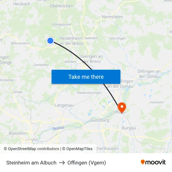 Steinheim am Albuch to Offingen (Vgem) map