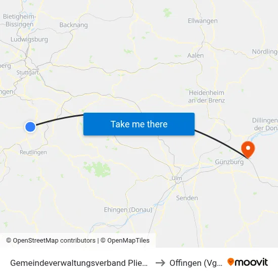 Gemeindeverwaltungsverband Pliezhausen to Offingen (Vgem) map