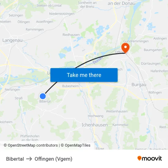 Bibertal to Offingen (Vgem) map