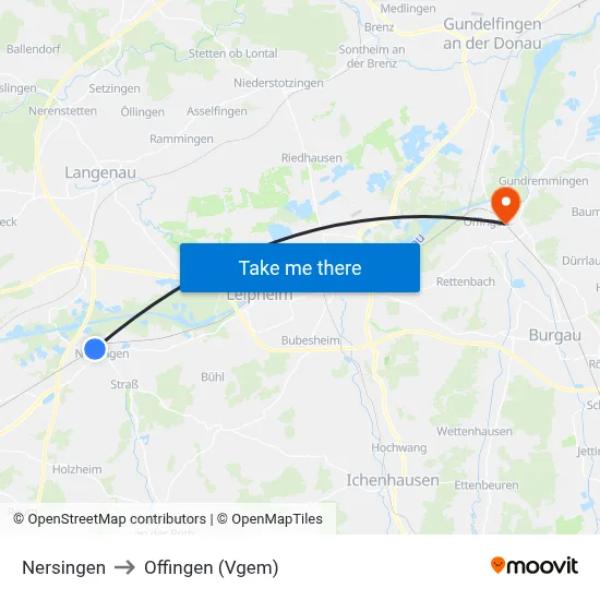 Nersingen to Offingen (Vgem) map