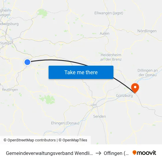 Gemeindeverwaltungsverband Wendlingen am Neckar to Offingen (Vgem) map