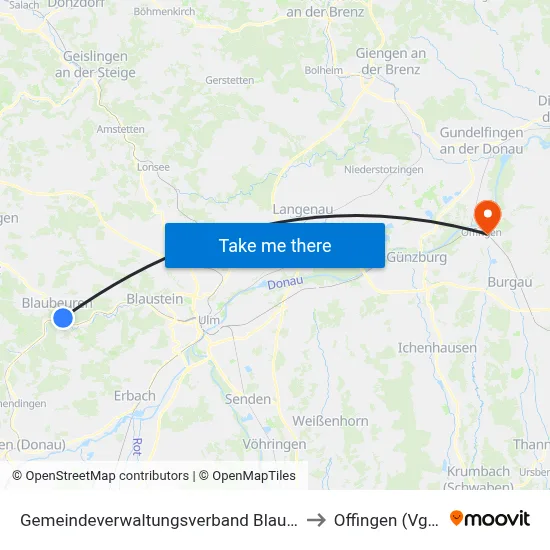 Gemeindeverwaltungsverband Blaubeuren to Offingen (Vgem) map