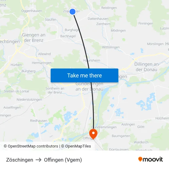 Zöschingen to Offingen (Vgem) map