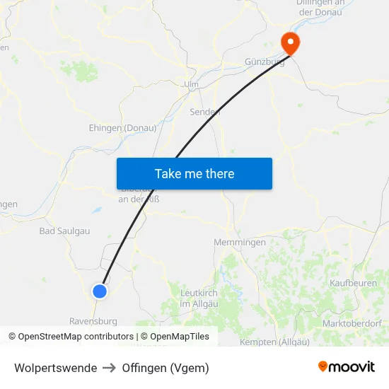 Wolpertswende to Offingen (Vgem) map
