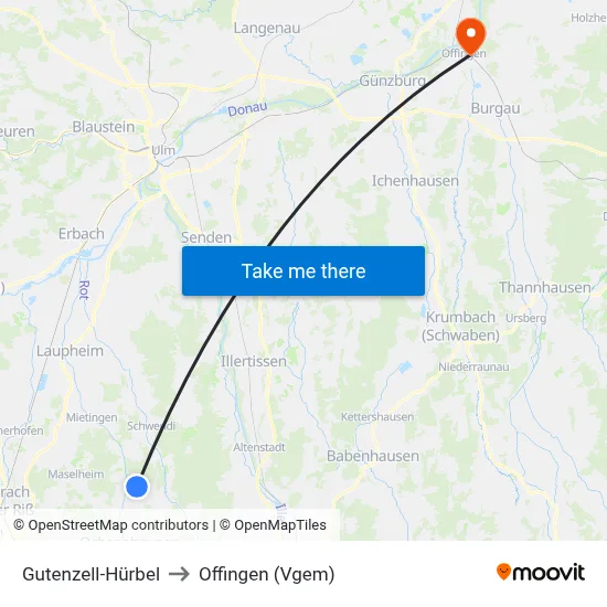 Gutenzell-Hürbel to Offingen (Vgem) map