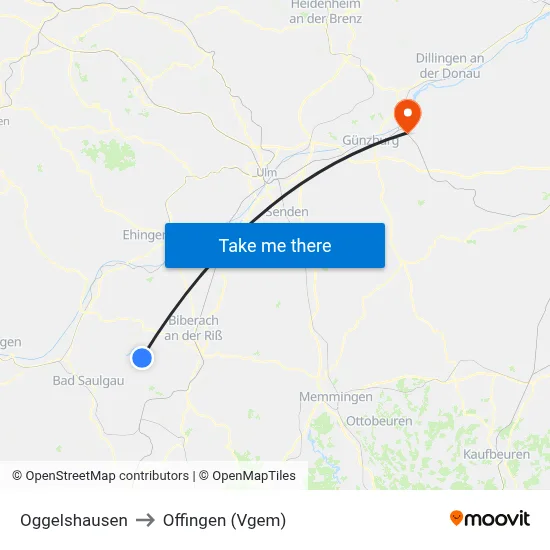 Oggelshausen to Offingen (Vgem) map