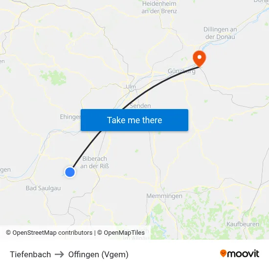 Tiefenbach to Offingen (Vgem) map