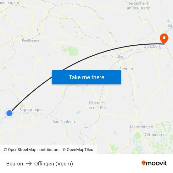 Beuron to Offingen (Vgem) map