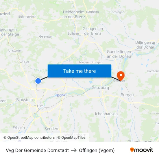 Vvg Der Gemeinde Dornstadt to Offingen (Vgem) map