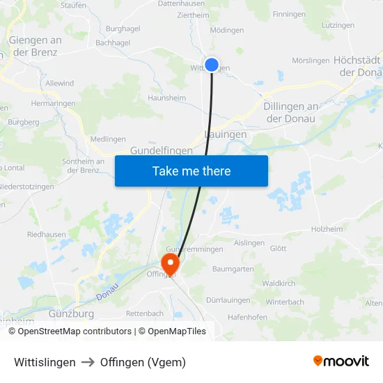 Wittislingen to Offingen (Vgem) map