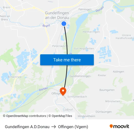 Gundelfingen A.D.Donau to Offingen (Vgem) map