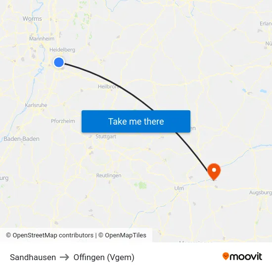 Sandhausen to Offingen (Vgem) map