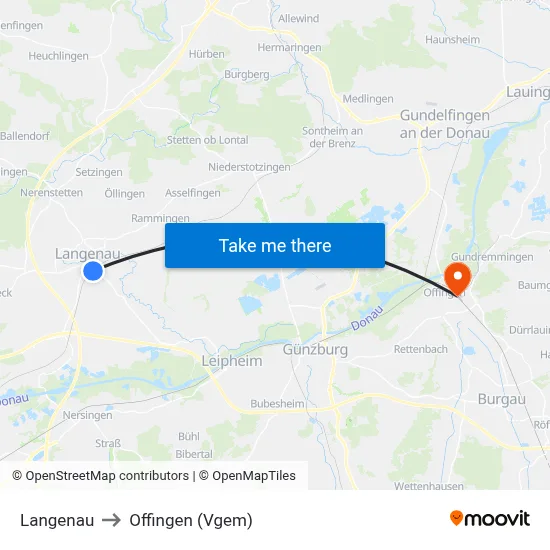 Langenau to Offingen (Vgem) map