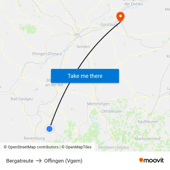 Bergatreute to Offingen (Vgem) map