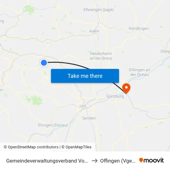 Gemeindeverwaltungsverband Voralb to Offingen (Vgem) map