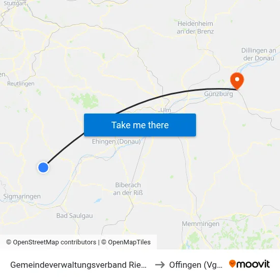 Gemeindeverwaltungsverband Riedlingen to Offingen (Vgem) map