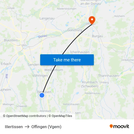 Illertissen to Offingen (Vgem) map