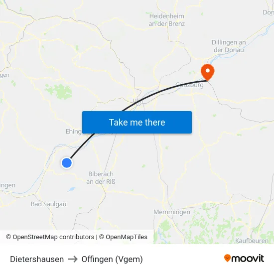 Dietershausen to Offingen (Vgem) map