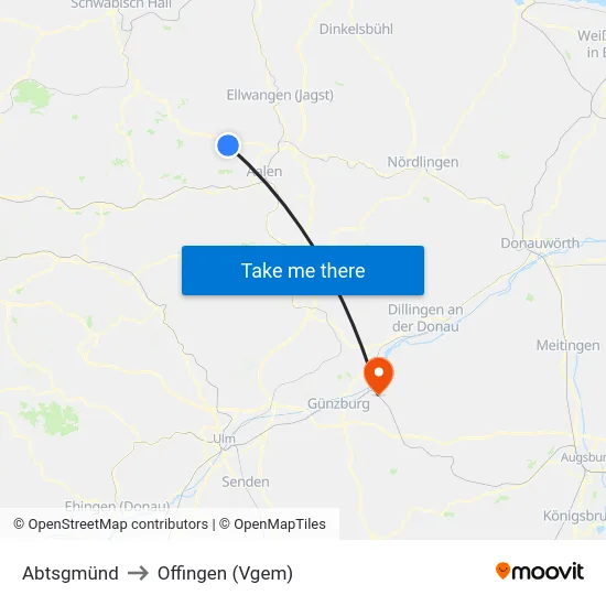 Abtsgmünd to Offingen (Vgem) map