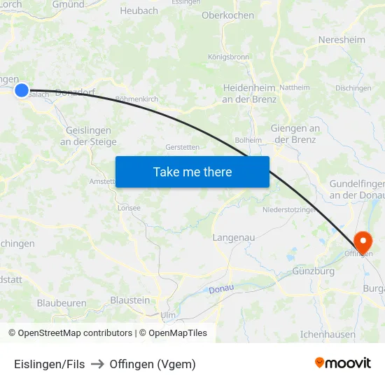 Eislingen/Fils to Offingen (Vgem) map