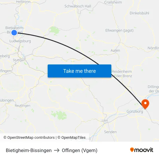 Bietigheim-Bissingen to Offingen (Vgem) map
