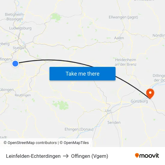 Leinfelden-Echterdingen to Offingen (Vgem) map