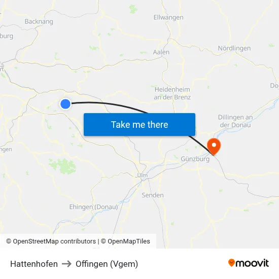 Hattenhofen to Offingen (Vgem) map