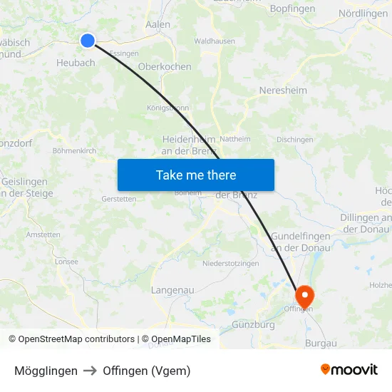 Mögglingen to Offingen (Vgem) map