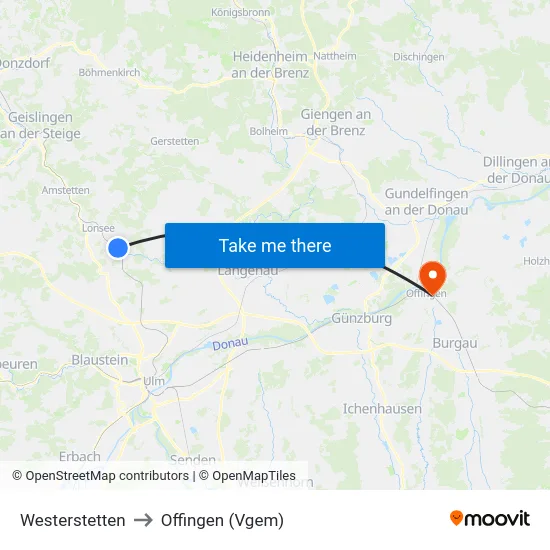 Westerstetten to Offingen (Vgem) map