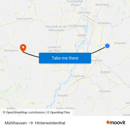 Mühlhausen to Hinterweidenthal map