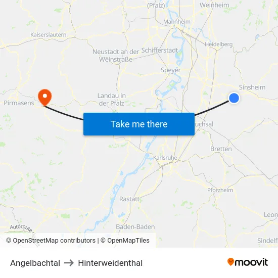 Angelbachtal to Hinterweidenthal map