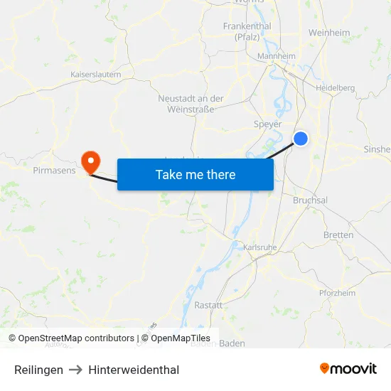 Reilingen to Hinterweidenthal map