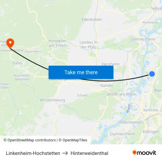 Linkenheim-Hochstetten to Hinterweidenthal map