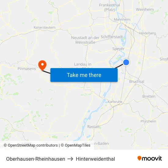 Oberhausen-Rheinhausen to Hinterweidenthal map