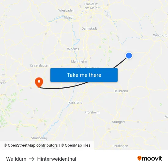 Walldürn to Hinterweidenthal map