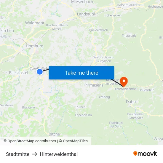 Stadtmitte to Hinterweidenthal map