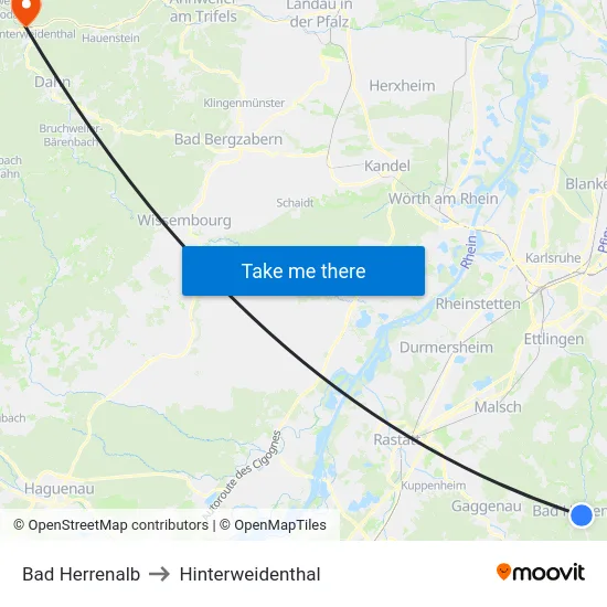 Bad Herrenalb to Hinterweidenthal map