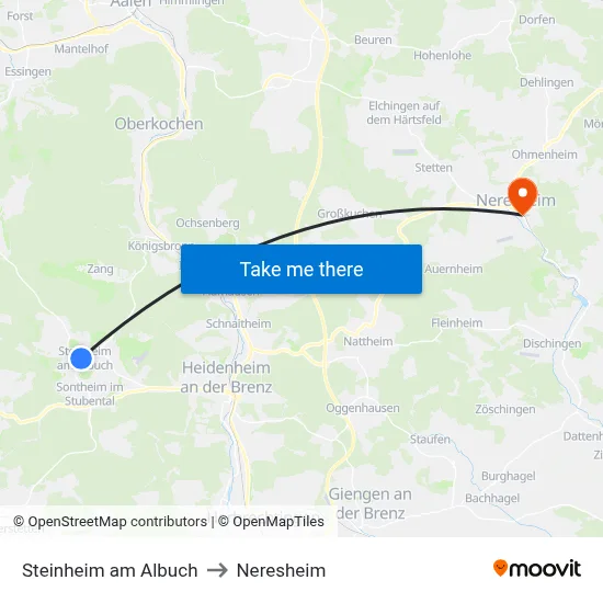 Steinheim am Albuch to Neresheim map