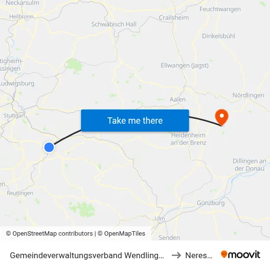 Gemeindeverwaltungsverband Wendlingen am Neckar to Neresheim map