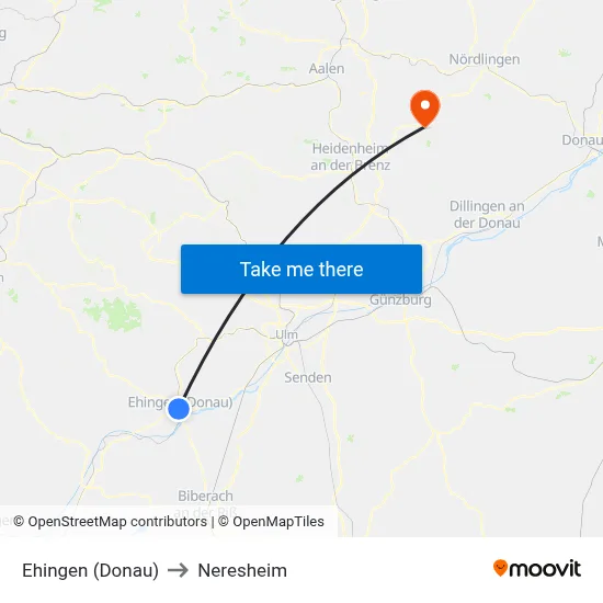 Ehingen (Donau) to Neresheim map