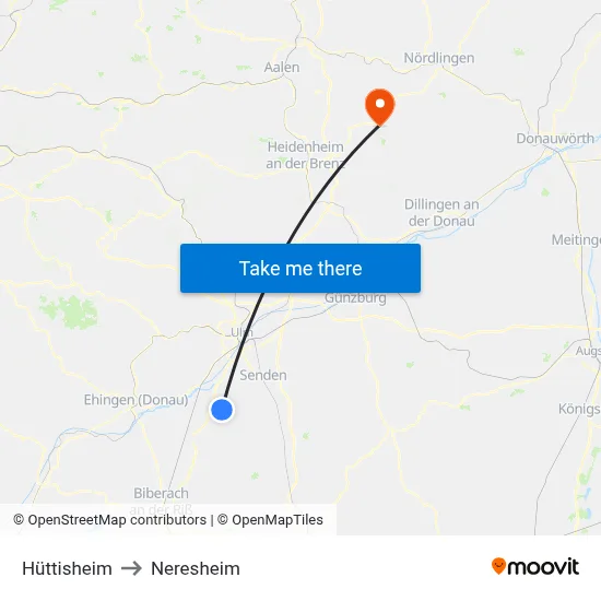 Hüttisheim to Neresheim map
