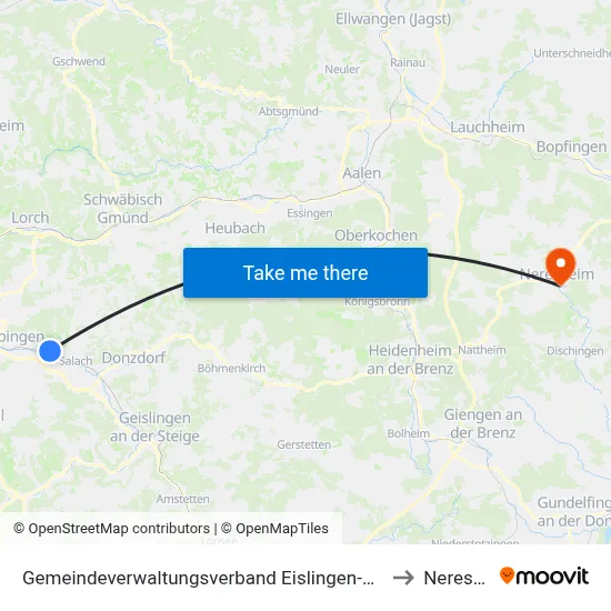 Gemeindeverwaltungsverband Eislingen-Ottenbach-Salach to Neresheim map