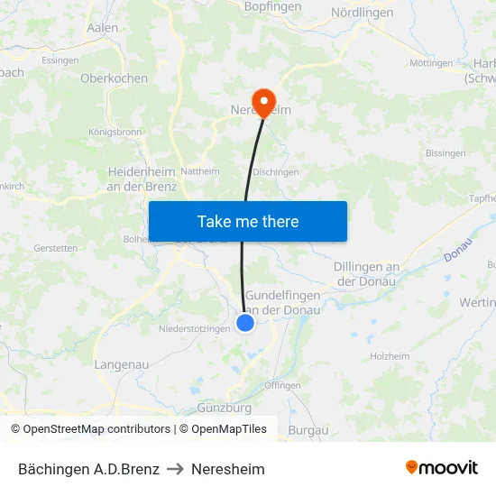 Bächingen A.D.Brenz to Neresheim map