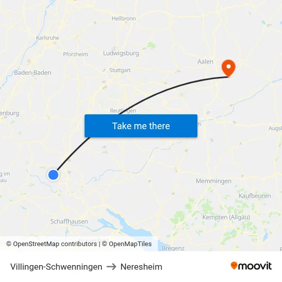 Villingen-Schwenningen to Neresheim map