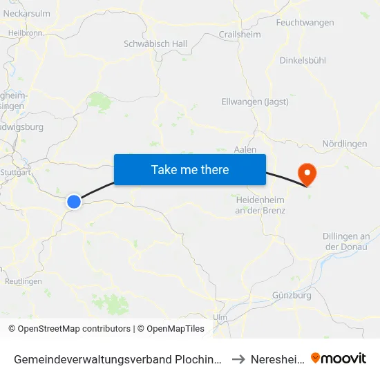 Gemeindeverwaltungsverband Plochingen to Neresheim map