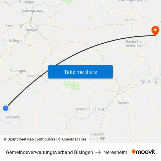 Gemeindeverwaltungsverband Bisingen to Neresheim map