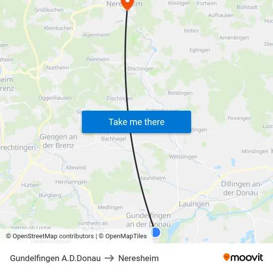 Gundelfingen A.D.Donau to Neresheim map